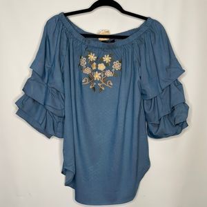 Suzanne Betro NWT peasant off shoulder bell sleeves size XL embroidered flowers